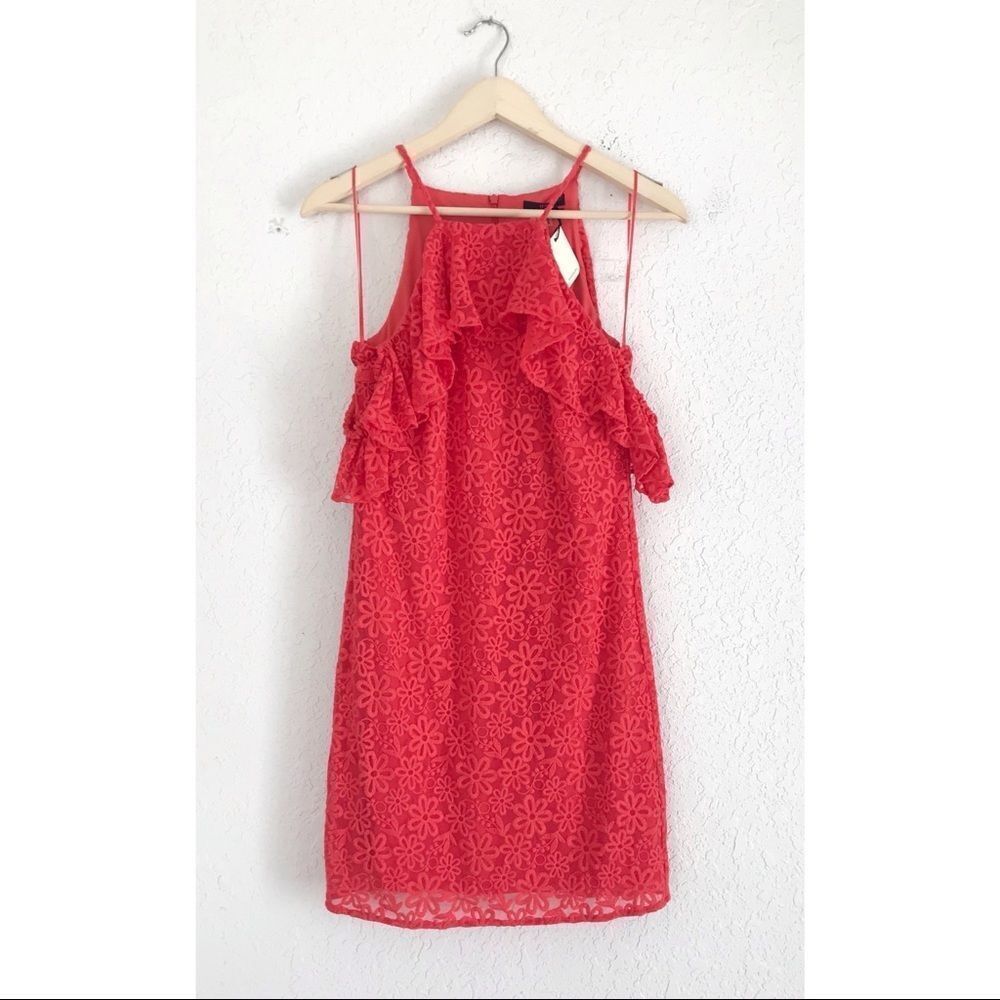 TRINA TURK Coral Off The Shoulder Lace Mini Dress Red Orange Size Small New